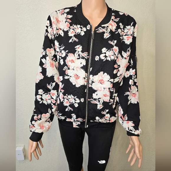 Love Tree Black Pink Floral Zip Up Jacket Womens Large Long Sleeve Pockets Lined - Picture 1 of 12